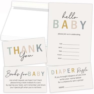 Imagem de LNOKRIM Kits de convites para chá de bebê, decoração de chá de bebê, inclui cartão de convites cartão de agradecimento livros cartão de solicitação de cartões sorteio de fraldas 20 peças cada