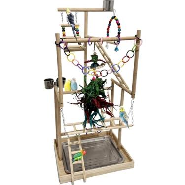 Imagem de Niwaes Parquinho grande de madeira para pássaros de 4 níveis com bandejas, copos, escada - suporte de papagaio, suporte de brincar de pássaros, academia de madeira para papagaios, calopsitas - Centro