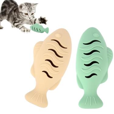 Imagem de BOXOB 2 Brinquedos Silicone Gatos, Brinquedos Interativos em Forma Peixe Dispensador Snacks Animais Estimação Artigos Animais Estimação para Treino de Gatos em Ambientes Interiores (Bege, Verde)