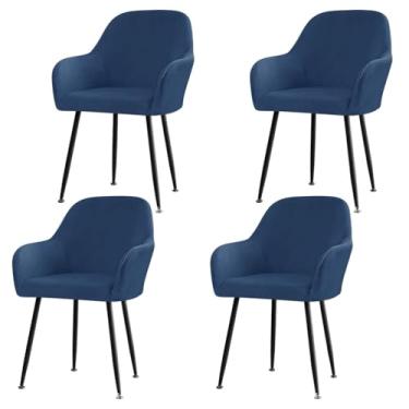Imagem de Lzyjckh Capas de veludo para cadeiras de jantar com encosto curvo, Capa elástica para banco de bar giratório com braços, para decoração de sala de jantar,Dark blue 4pcs