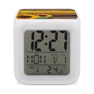Imagem de RTFGHJS Despertador pintura placa de madeira girassol colorido despertador pequeno visor LED despertador digital relógio compacto relógio eletrônico para quartos cabeceira mesa prateleira tamanho