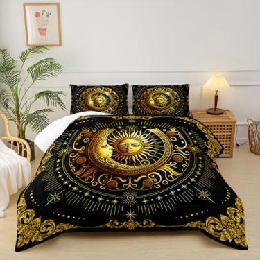 Imagem de lneffble Jogo de cama casal preto e dourado, sol e lua, com 1 edredom e 2 fronhas