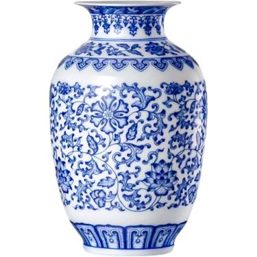 Imagem de Qinlang Vaso de cerâmica azul e branco de 22 cm com padrão de lótus, vaso de flores de porcelana para centros de mesa, vaso floral decorativo para flores e decoração de casa - estilo urna