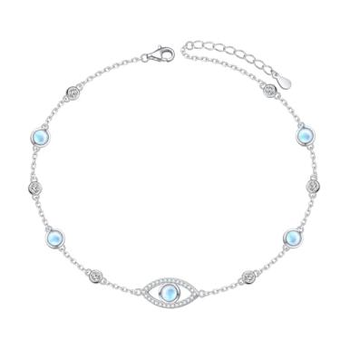 Imagem de DAOSHANG Tornozeleira feminina com olho turco e olho de prata esterlina, pedra da lua, tornozeleira com elos de corrente