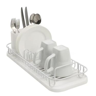 Imagem de SunnyPoint Escorredor de louça compacto NeverRust de aço inoxidável 304 com suporte de utensílios e bandeja de drenagem removível, escorredor de pratos pequeno à prova de ferrugem para bancada de