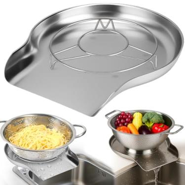 Imagem de Palksky Escorredor e coador, placa de base de aço inoxidável para cozinha, bandeja de drenagem de bancada de metal para macarrão, arroz, macarrão, frutas, vegetais, coador de alimentos e escorredor de