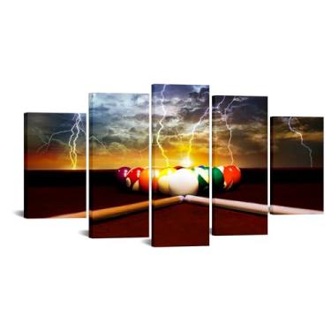 Imagem de iKNOW FOTO Arte de parede de bilhar com 5 painéis, relâmpago, sinuca, impressões em tela, 152 x 81 cm, decoração moderna de sala de jogos, arte esticada e emoldurada para decoração de parede de bar