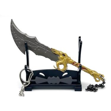 Imagem de Mini espada de 13 cm com suporte de exibição chaveiro de artesanato de metal, ornamento de lâminas do caos para decoração de mesa, chaveiros legais para homens, presentes, jogos, armas colecionáveis