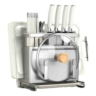 Imagem de JUSHZ Bandeja de cozimento Rack de armazenamento para prateleiras de armário, suporte de tábua de cortar bancada, multifuncional, suporte de facas de aço inoxidável com bandeja coletora (prata, 25,3 x