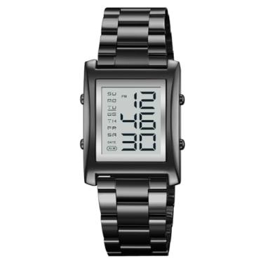 Imagem de Relógios masculinos modernos multifunções para esportes ao ar livre relógio EL Light grande display digital cronógrafo aço inoxidável relógios retangulares, Preto, Esportes ao ar livre