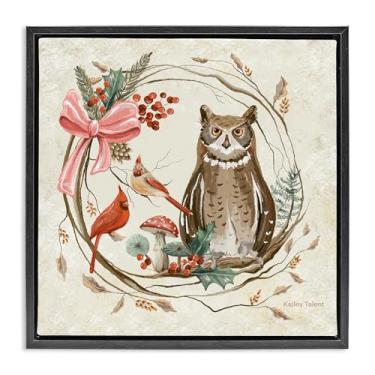 Imagem de Stupell Industries Coruja da floresta rústica grinalda preta moldura flutuante arte de parede em tela, design por Kelley Talent, 45,7 x 45,7 cm