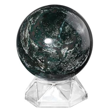 Imagem de Rockcloud Escultura de estatueta de esfera decorativa polida de jaspe do oceano natural com suporte de acrílico para adivinhação, 6 a 7 cm