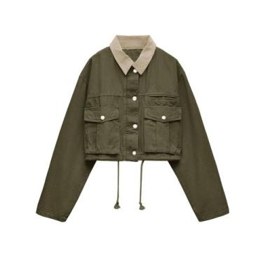 Imagem de Jaqueta feminina Megfie com gola contrastante cortada verde militar