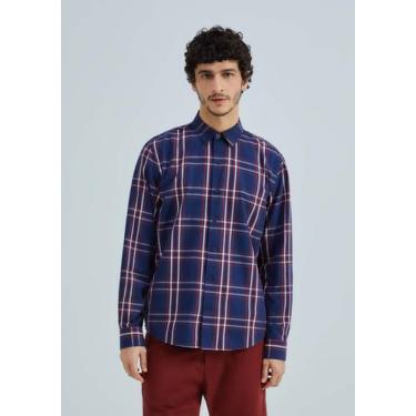 Imagem de Camisa Masculina Manga Longa Xadrez - Hering, P, Azul marinho