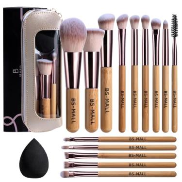 Imagem de BS-MALL Conjunto de 14 pincéis de maquiagem com 1 esponja de maquiagem – Corretivo essencial em pó, sombras, pincéis de maquiagem para blush com estojo de maquiagem para viagem (Bambu)