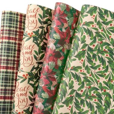 Imagem de WRAPAHOLIC Folha de papel de embrulho de Natal botânico Kraft - 8 folhas de papel de embrulho de Natal xadrez, azevinho verde e poinsétia dobrado plano para férias, festa - 40 cm x 70 cm por folha