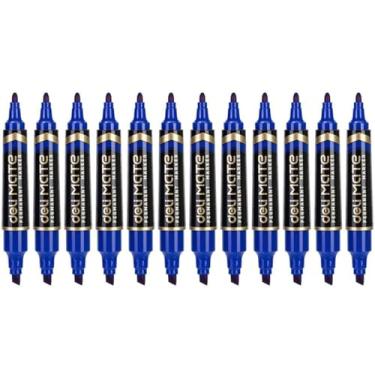 Imagem de Pincel Marcador Permanente, Deli, Ponta Chanfrada, Duas Pontas, Azul, Caixa com 10