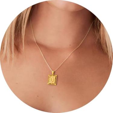 Imagem de Colar com letra inicial para mulheres, aço inoxidável banhado a ouro 18K, pingente retangular A–Z, corrente de 50,8 cm, 20in, Aço inoxidável, Sem Pedra Preciosa