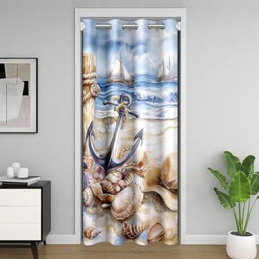 Imagem de Cortina blackout âncora náutica 1 painel 86,4 cm L x 203,2 cm C, chapéu de marisco, onda do mar, cortina de porta moderna para cozinha, restaurante, costa do mar, cortina de porta de praia