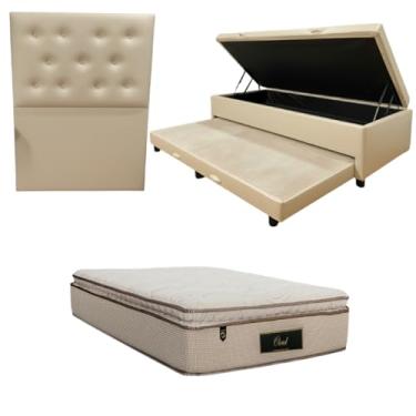 Imagem de Cama Box Baú Solteiro com Auxiliar (Bicama) + Colchão Cloud Molas Ensacadas C/Pillowtop 32cm | Kit Completo com Cabeceira Botonê Opcional | Diversas Cores (3, CORINO BEGE, COM CABECEIRA)