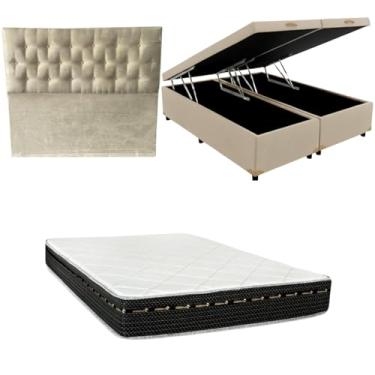 Imagem de Cama Box Baú Bipartida Blindada + Colchão Eagle Molas Bonnel 22cm | Kit Completo com Cabeceira Botonê Opcional | Diversas Cores (3, CORINO BEGE, COM CABECEIRA)