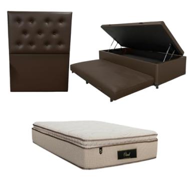 Imagem de Cama Box Baú Solteiro com Auxiliar (Bicama) + Colchão Cloud Molas Ensacadas C/Pillowtop 32cm | Kit Completo com Cabeceira Botonê Opcional | Diversas Cores (3, CORINO MARROM, COM CABECEIRA)