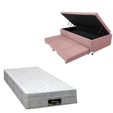 Imagem de Cama Box Baú Solteiro com Auxiliar (Bicama) + Colchão RivIera Molas Ensacadas 25cm | Kit Completo com Cabeceira Botonê Opcional | Diversas Cores (2, SUEDE ROSA, SEM CABECEIRA)