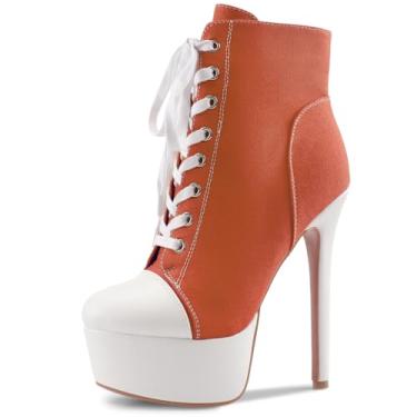 Imagem de Perisis Bota feminina preta plataforma tornozelo salto alto stiletto bota curta cadarço lona sapatos fechados bico redondo com zíper lateral para mulheres sexy primavera outono inverno, Lona laranja