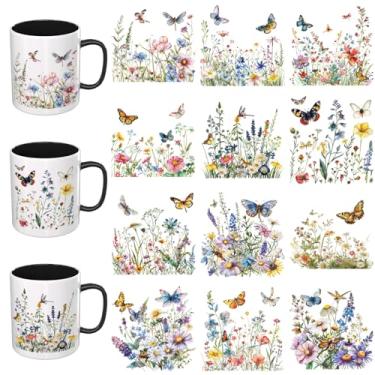 Imagem de Elewins Adesivos UV DTF - 12 folhas flores silvestres borboletas UV DTF copo envoltório para canecas vidro café, decalques DIY para copos, esfregar à prova d'água em transferências para artesanato