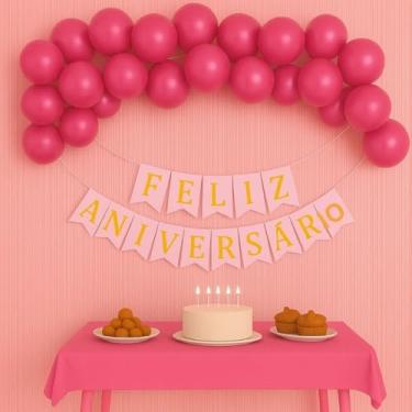 Imagem de Kit Feliz Aniversário Completo - Decoração com Balão Metalizado Número, Faixa, Cortina de Balões e Fita 5m para Festa de Aniversário Infantil e Adulto(Rosa)