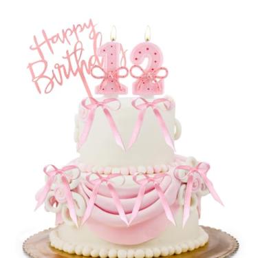 Imagem de Vela de laço rosa número 12 para bolo de aniversário com 6 fitas - decoração de aniversário rosa grande com glitter de 7 cm para festa de 12 anos, aniversário e artigos de festa de meninas