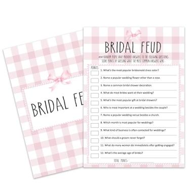 Imagem de Blush Pink Bow Theme Bridal Shower Game, Bridal Feud, Wedding Shower Supplies, 25 Cards Per Set, a12