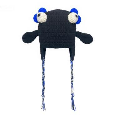 Imagem de Hshsclth Gorro engraçado de tricô de monstro com olhos e orelhas arregaladas, chapéu de crochê para crianças e adultos, Chifres pretos e azuis, tamanho �nico