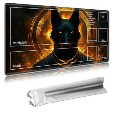 Imagem de Decahouy MTG Playmat with Zones – TCG Trading Card Game Mat – 24x14 Inches – Stitched Edges, Non-Slip Rubber Base – Portable Play Mat Desk Mouspad with Storage Bag,Black Anubis Canine Head
