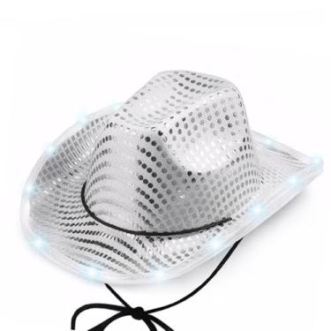 Imagem de Velorique Chapéu de caubói com aba de lantejoulas, chapéu de cowboy ocidental para adultos, ótimo para despedida de solteira, Halloween, Natal (branco)