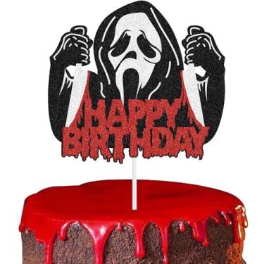 Imagem de Have a Killer Happy Birthday Cake Topper 1 peça com glitter faca sangrenta de terror clássico decoração de bolo de filme para tema de filme de terror assassino aniversário Halloween festa decoração de