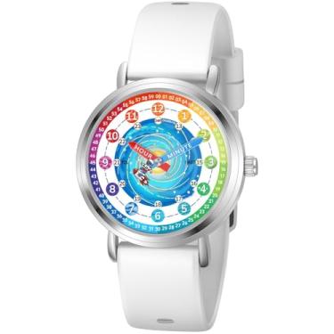 Imagem de Afcrho Relógio infantil – Relógios analógicos para crianças de 7 a 10 anos, 8 a 12 anos, ferramenta de ensino de tempo de aprendizagem de astronautas, 12. Astronauta arco-íris, pulseira branca