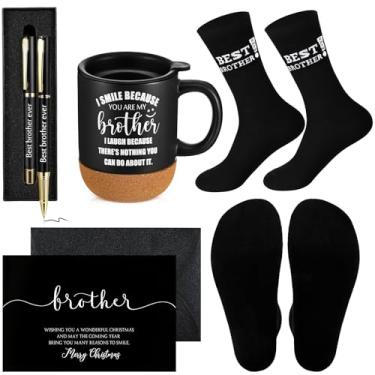 Imagem de ReliThick 6 peças de presentes de melhor irmão da irmã incluídos I Smile Because You're My Brother 382 g caneca de café meias esferográficas com caixa de caneta, cartão de felicitações de aniversário