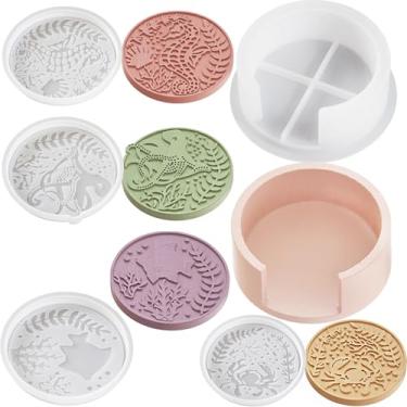 Imagem de Leldlla Conjunto de moldes de porta-copos de resina, 5 peças, molde de porta-copos com caixa de armazenamento para tema marinho de resina epóxi, redondo, faça você mesmo, moldes de copos de silicone