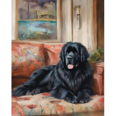 Imagem de WUIVCTR Kits de pintura por números para adultos, cachorro Newfoundland no sofá, kits de pintura por números em tela, pinturas a óleo DIY para iniciantes, artes e artesanato, 40 x 50 cm, sem moldura