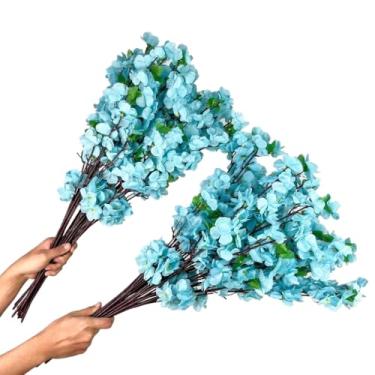 Imagem de Kit 10 a 40 Hastes De Flores De Cerejeira Artificial 65cm Flor Pessegueiro Estilo Oriental Para Decoração (20,Verde Água)