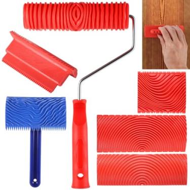 Imagem de Conjunto de ferramentas de grão de madeira de borracha de 6 peças, kit de rolo macio e pincel para pintura de paredes, pisos, móveis e mais