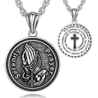 Imagem de EUDORA Colar de prata esterlina S925 com mãos rezando com versículo da Bíblia, oração para mulheres e homens, medalha de moeda com mãos rezando cristãs, pingente de fé religiosa, joias presentes para