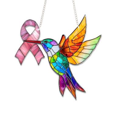 Imagem de Beija-flor câncer de mama estilo vitral Suncatcher - 15,24 cm pendurado janela acrílica - beija-flor colorido e fita rosa luz apanhador de luz decoração - ornamento plano 2D presente para amigos e