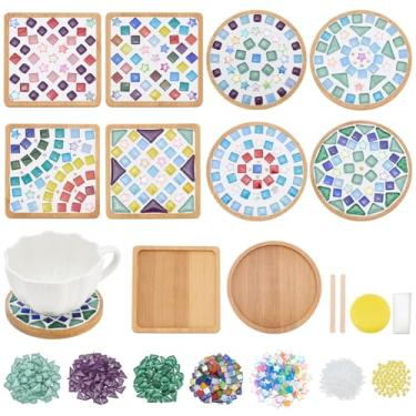 Imagem de WEBEEDY 8 conjuntos de porta-copos de mosaico faça você mesmo, kit de cores mistas, azulejos de vidro a granel, fabricação de mosaico com miçangas, porta-copos de bambu, conjunto de porta-copos de