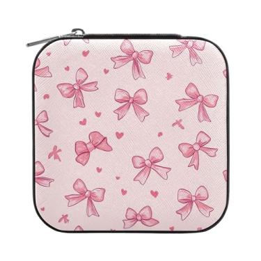 Imagem de SEHANY Caixa de joias personalizada com laço rosa para mulheres, meninas, mini estojo de joias de couro PU, organizador de joias de viagem, caixa de joias para brincos, anéis, colares, presentes para