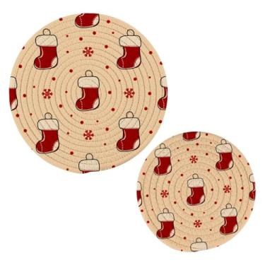 Imagem de Wassud Conjunto de trivet de meias de Natal para pratos quentes, suportes redondos de algodão, almofadas quentes, porta-copos elegantes, decoração de cozinha e acessórios, 2 peças