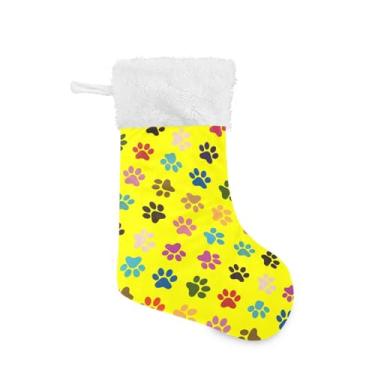 Imagem de Wassud Meia de Natal fofa com punho branco estampas coloridas de pata 45,7 cm grande para decoração de lareira e cornija de lareira pacote com 2