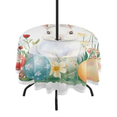 Imagem de CEBUGI Toalha de mesa redonda para uso ao ar livre, coelho da Páscoa, impermeável, com furo Umberlla, capa de mesa lavável para pátio, cozinha, sala de jantar, 152 cm