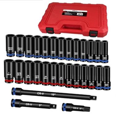 Imagem de YIYITOOLS Conjunto de soquete de 1/2 drive, conjunto de soquetes de impacto profundo de 29 peças, padrão SAE (3/20.3 cm- 2.5 cm), métrico (10 mm-24 mm) com barra de extensão de impacto de 7.6 cm, 12.7